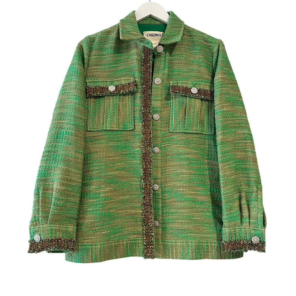 Green XS LAGence Blazer Jacket Cotton Blend Unique Picnic Tweed Fall Work Luxury - Picture 2 of 11